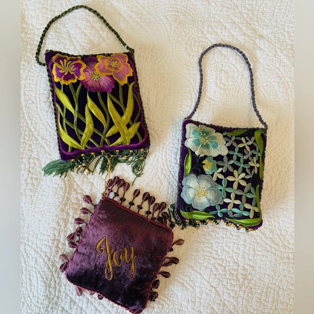 Velvet, embroidered, beaded set/3 hanging pillow ornaments.❣️